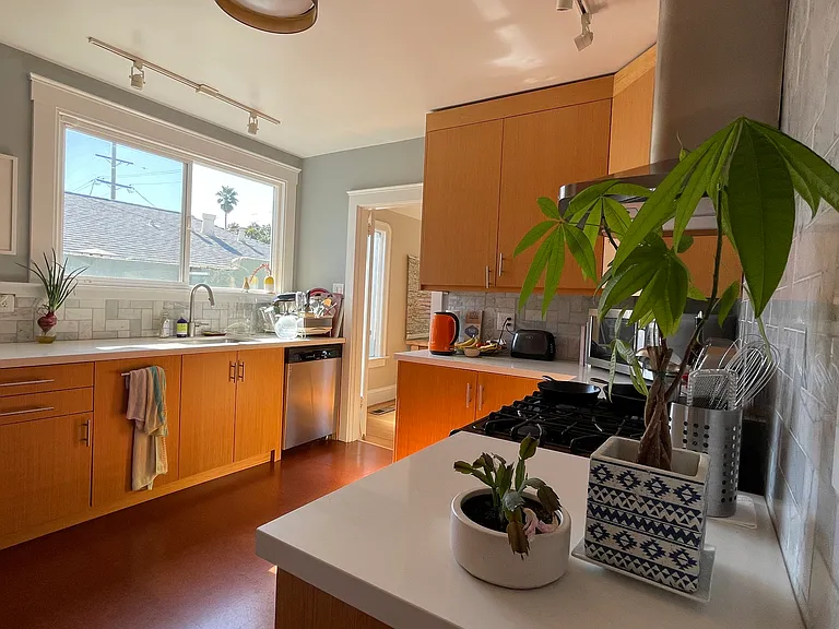 Kitchen with dishwasher, six burner stove, toaster, food processor, blender, dehydrator and more gadgets.