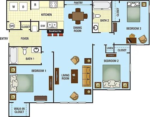 Floor plan Three Bedroom Two bath 60%