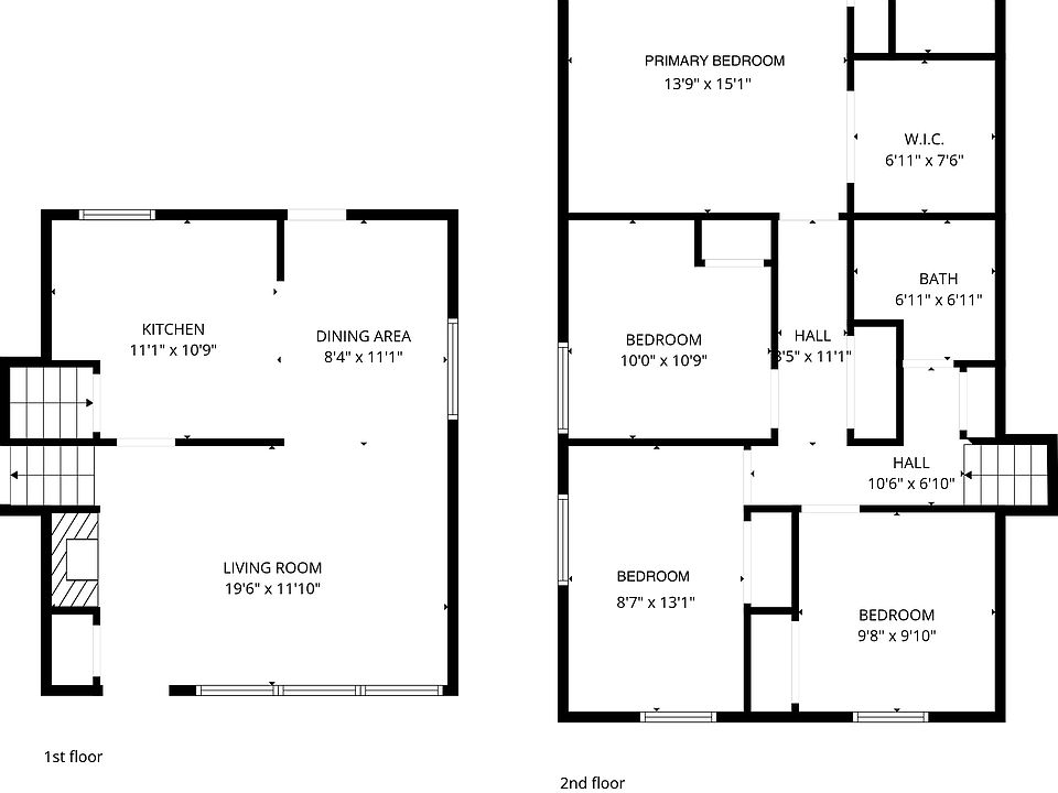 Tri-level floor plan with kitchen, dining area and living room on main floor then half flight of stairs to bedrooms and bathrooms.