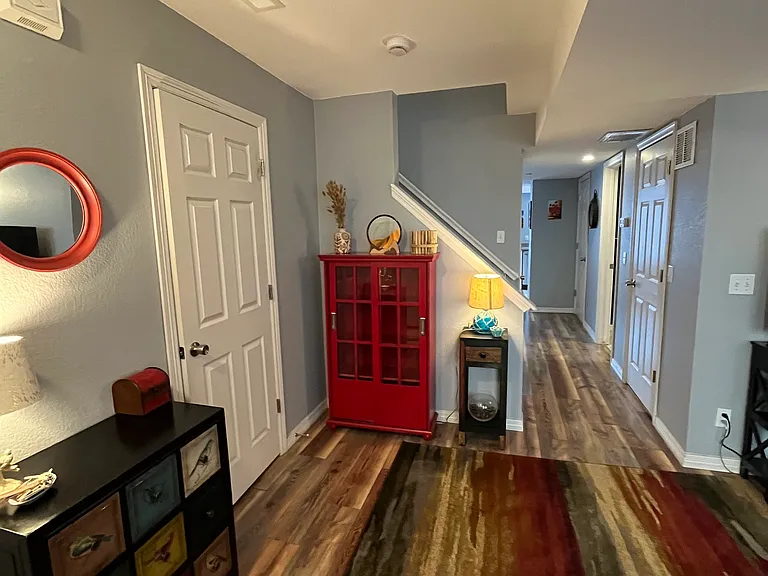 Living room with a hallway closet on the left.