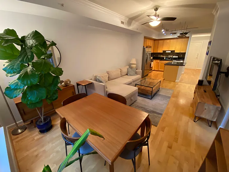 Dining area that fits six comfortably with ample storage on either side.