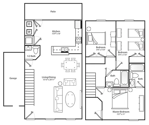 Floor plan 3 Bed 2.5 Bath w/ Garage 60%