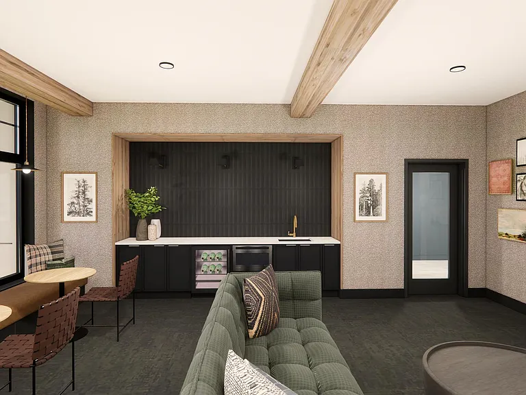 Unwind in the clubroom at Modera Bridle Trails with inviting seating, a coffee bar, and wine fridge designed for easy, everyday moments.