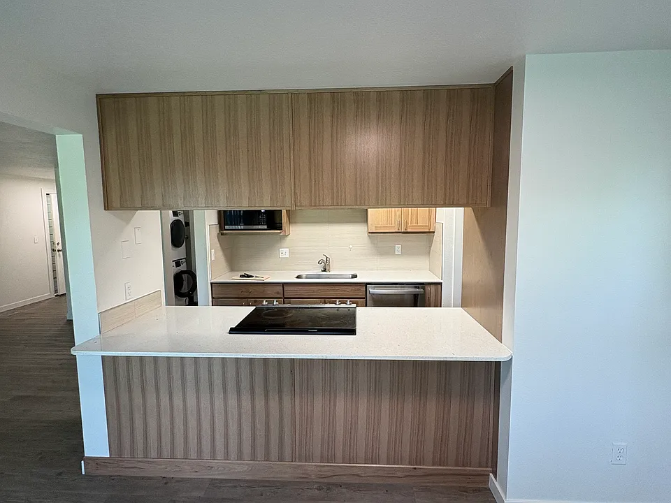 Kitchen penisula opening to living and dining area
