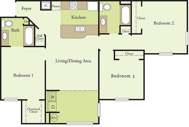 Floor plan 3 Bedroom 2 Bath 60%