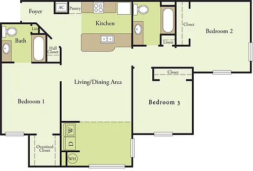 Floor plan 3 Bedroom 2 Bath 60%