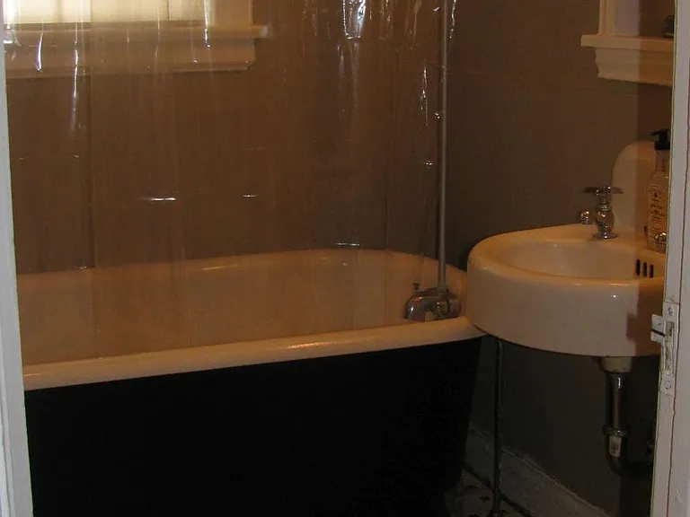 Renovated vintage bath with slipper tub/shower and mosaic ti