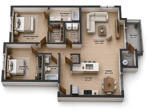 Floor plan 2 Bedroom / 2 Bathroom Apartment Home