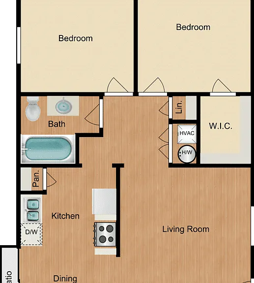 2 Bed 1 Bath B Floorplan Diagram