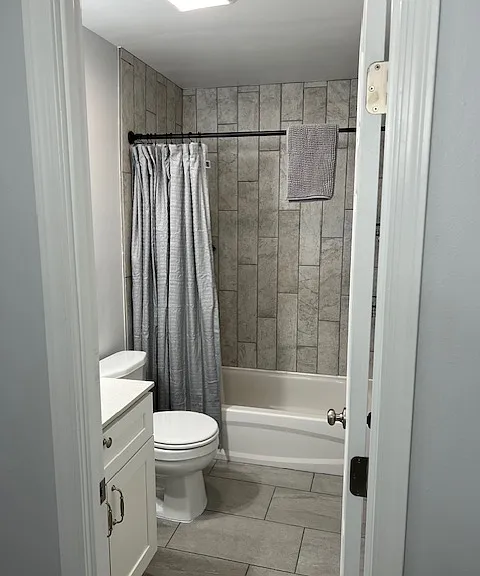 Second Floor Hallway Full Bathroom, Door, Vanity, Exhaust Fan with Light, Tub Shower Fixtures, Vanity, Toilet, New Toilet Seat, New Tile and Grout, New: Shower Rod, Hooks, Shower Curtains, Freshly Painted Ceiling, Walls, New Baseboards and New Moldings.