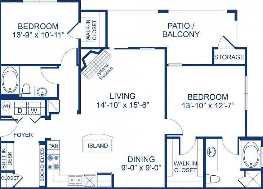 Large 2 bed 2 bath floor plan