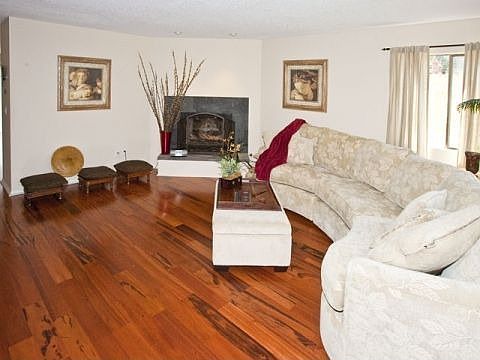 LR w/Tigerwood Floors and wood burning fireplace