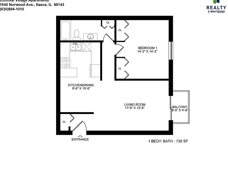 Floor plan of a one-bedroom apartment colonial village, provided by a realty and mortgage company. Floor plan of a one-bedroom apartment colonial village, provided by a realty and mortgage company.