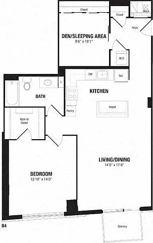 Floor plan 1 Bedroom+ Den, 1 Bath 980 SF B4
