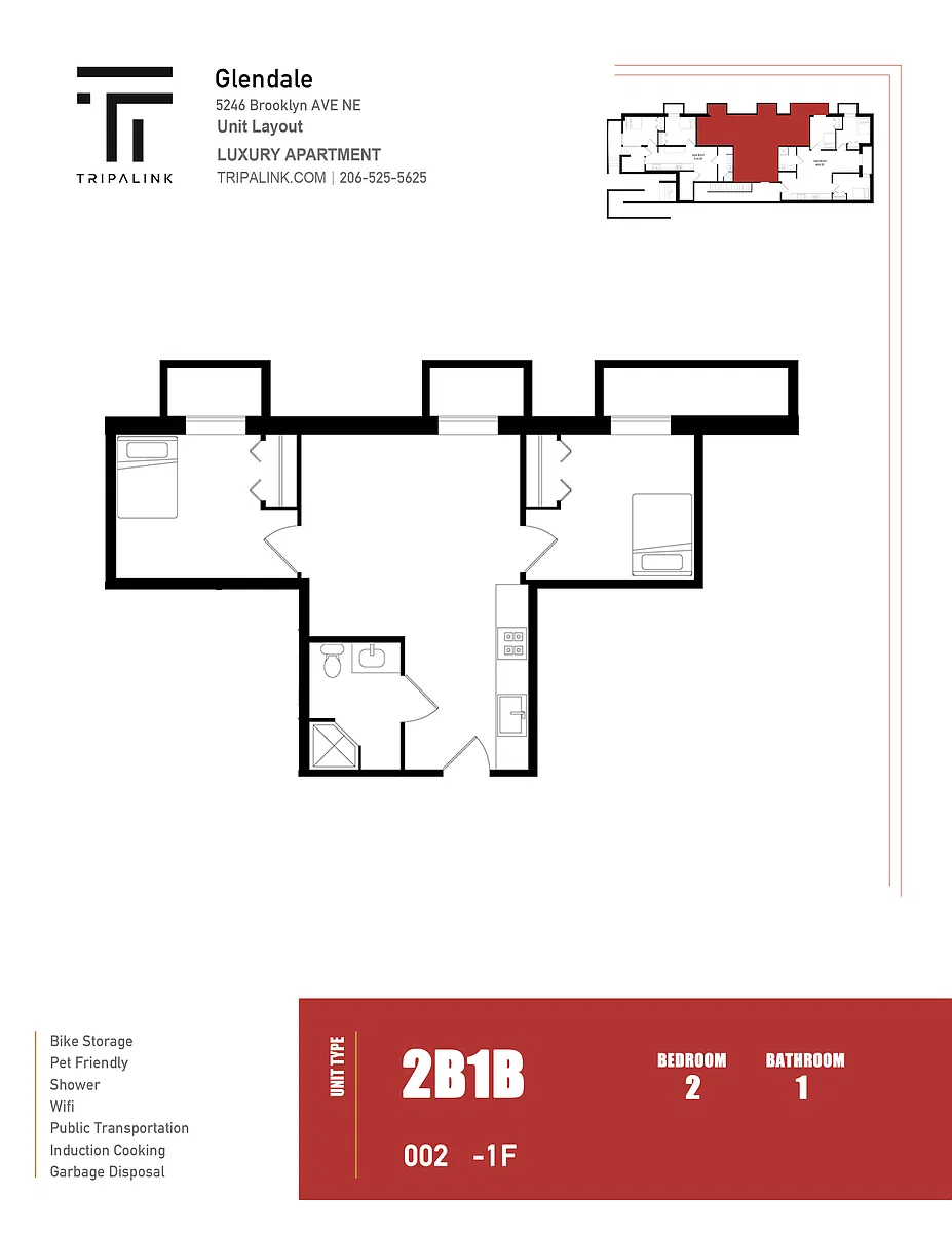 Floor plan 2 Bed 1 Bath - 500 sqft