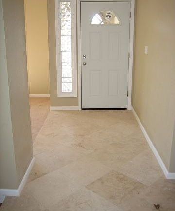 entryway with 18" diag. travertine