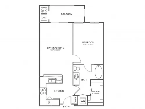 Floor plan 1 Bedroom 1 Bath (690 SF)