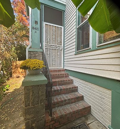 Front door to screened in front porch. Sounded by banana trees