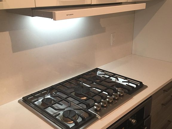 Stove with vent fan and overhead light, Oven, and quartz countertops