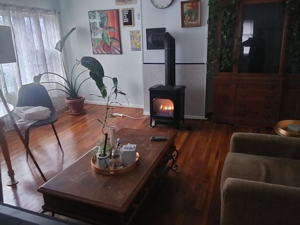 Living room with cast-iron gas stove;