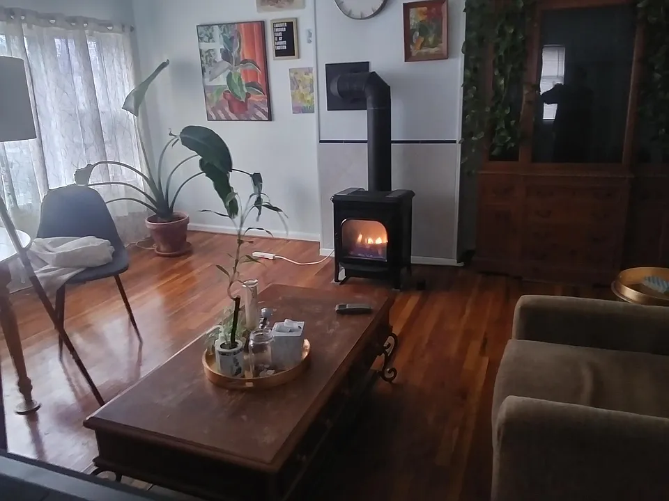 Living room with cast-iron gas stove;