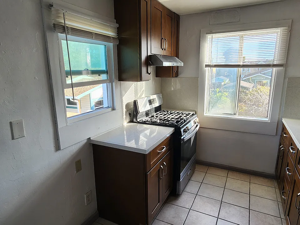 big kitchen with plenty of natural light . lots of cabinets for all your cooking essentials