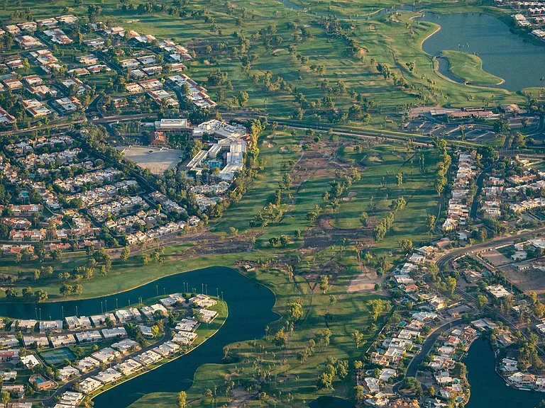 Aerial View of Golf Courses and Residential Living Near Desert Parks Vista