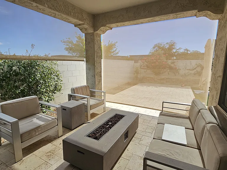 Patio, shades down.