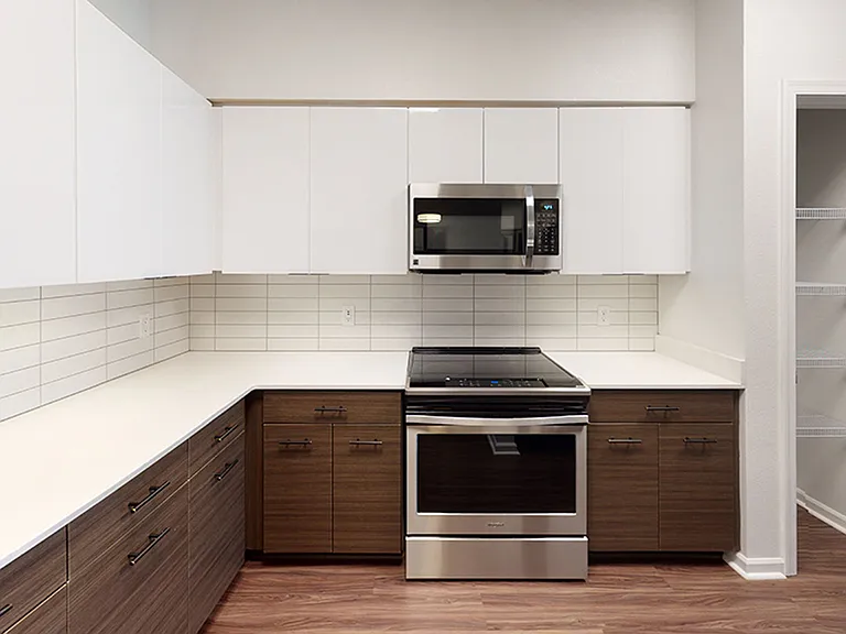 Apartment kitchen with stainless steel appliances, quartz countertops and wood-style flooring.