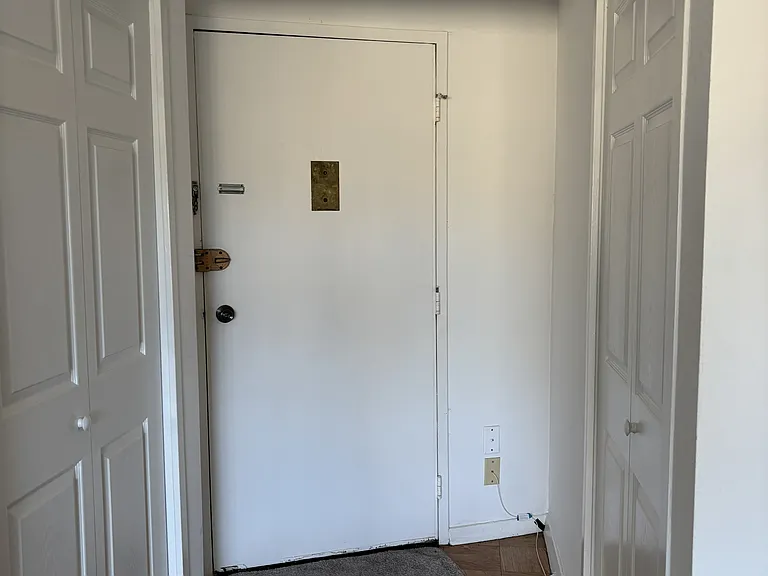 Front door with doornob and deadbolt locks, peep hole, and two ample closets on either side entry hall.