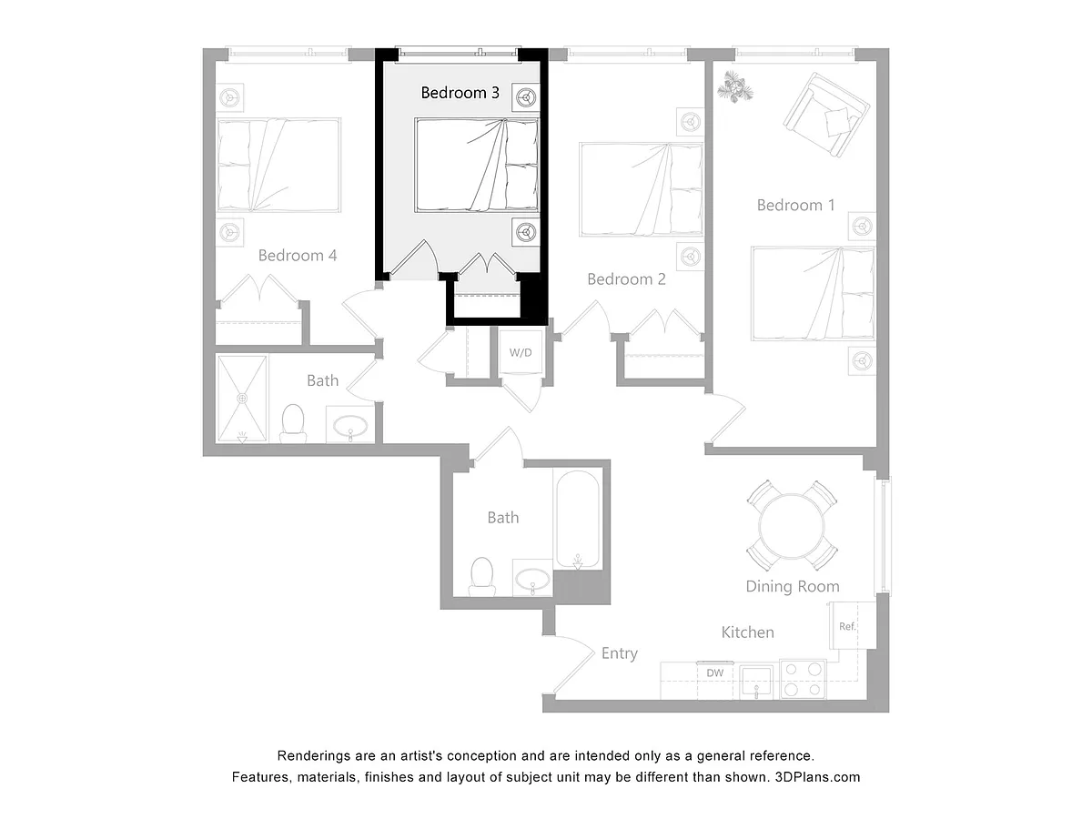 Floor plan Furnished Room in a 4 Bedroom 2 Bathroom (O2)