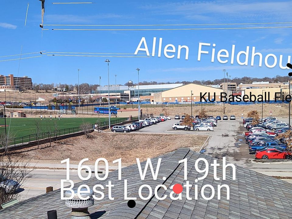 Arial pic / roof of 1601 W. 19th St. Closest property to Allen Fieldhouse across 19th St from property;-).WALK TO KU GAMES!
