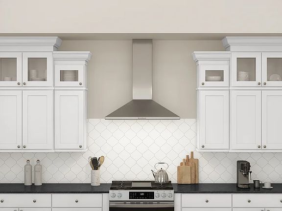 Kitchen with glass upper cabinets and stainless steel appliances