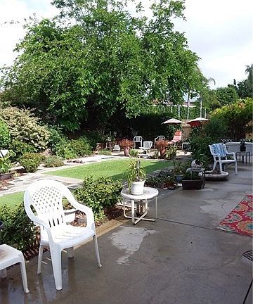 View of the large backyard with artificial turf and drought tolerate plants for low maintenance and water bills