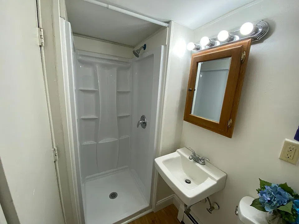 Newly renovated bathroom featuring a brand-new Delta Classic 500 shower with built-in shelves.