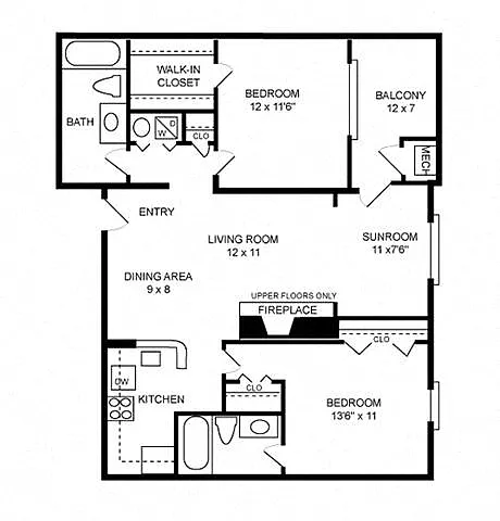 Floor plan 2 Bed + Sunroom, 2 Bath 1090 SF, 22b