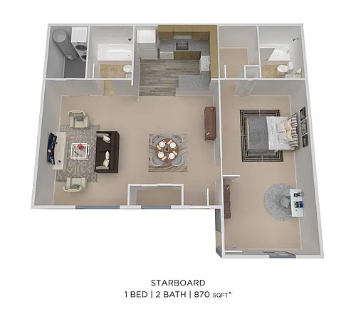 Floor plan One Bedroom 2 Bath - 870 sqft