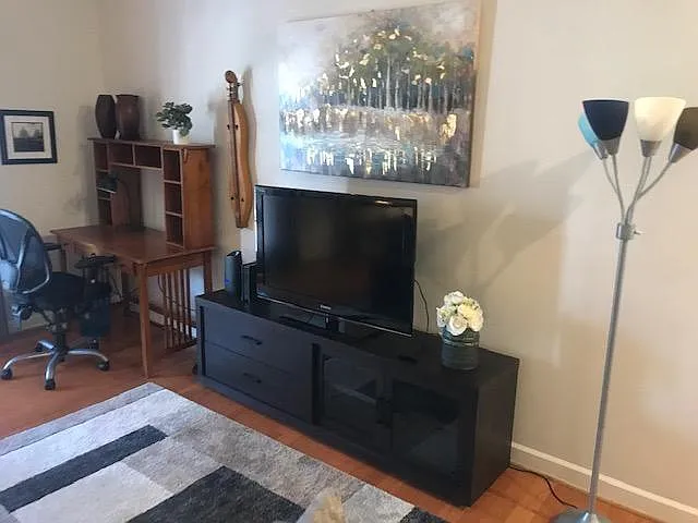 flat screen HDTV and work desk/chair