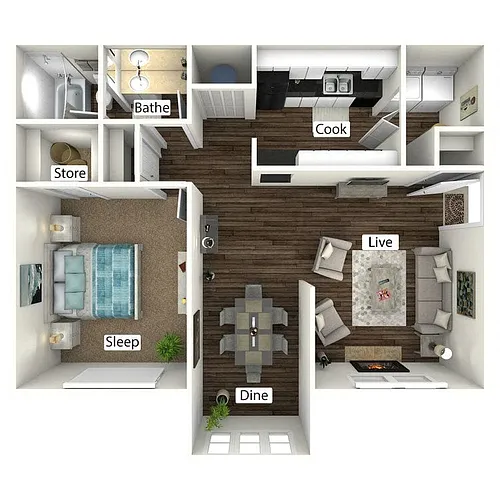 Floor plan A2: 1 Bed 1 Bath