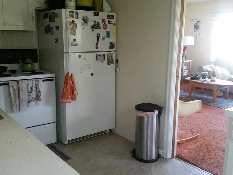 Kitchen has stove, refrigerator, dishwasher and back entrance.