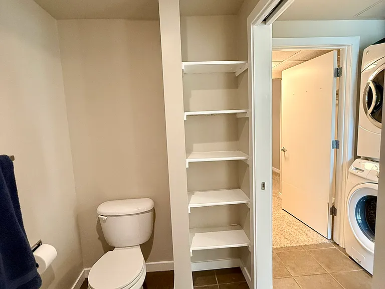 Separate toilet/shower/tub room with storage