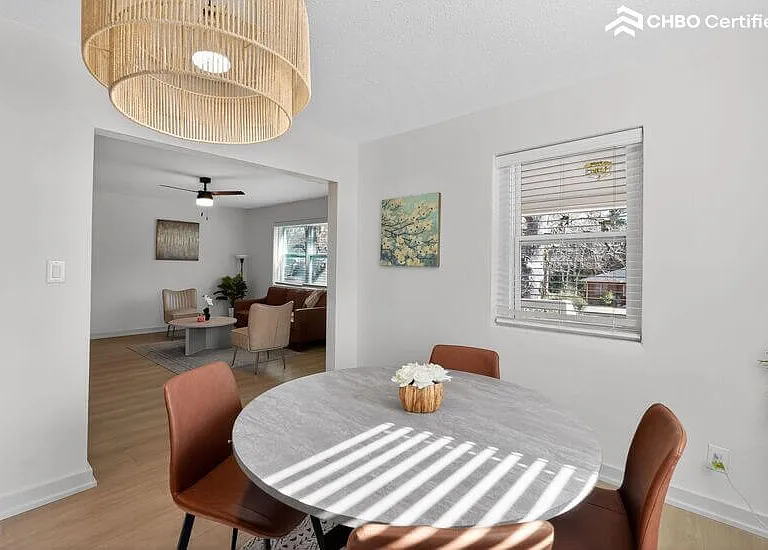 A stylish dining space with seating
