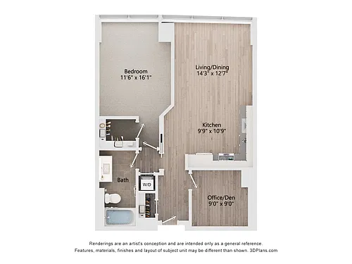 Floor plan One Bedroom Den with furniture