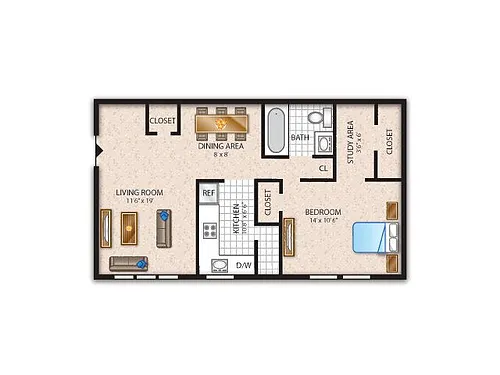 Floor plan A1RP- 1 Bed, 1 Bath, Reno Prem
