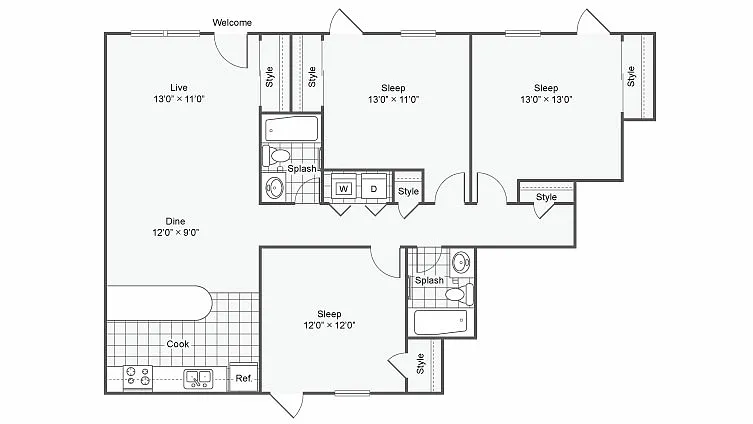 Floor plan 3 Bedroom 2 Bath