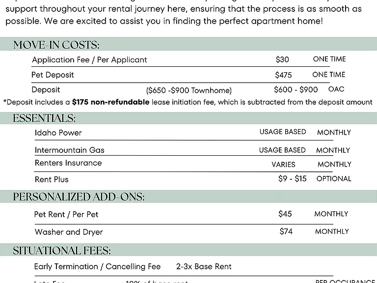 Fairview Crossing Fee Guide