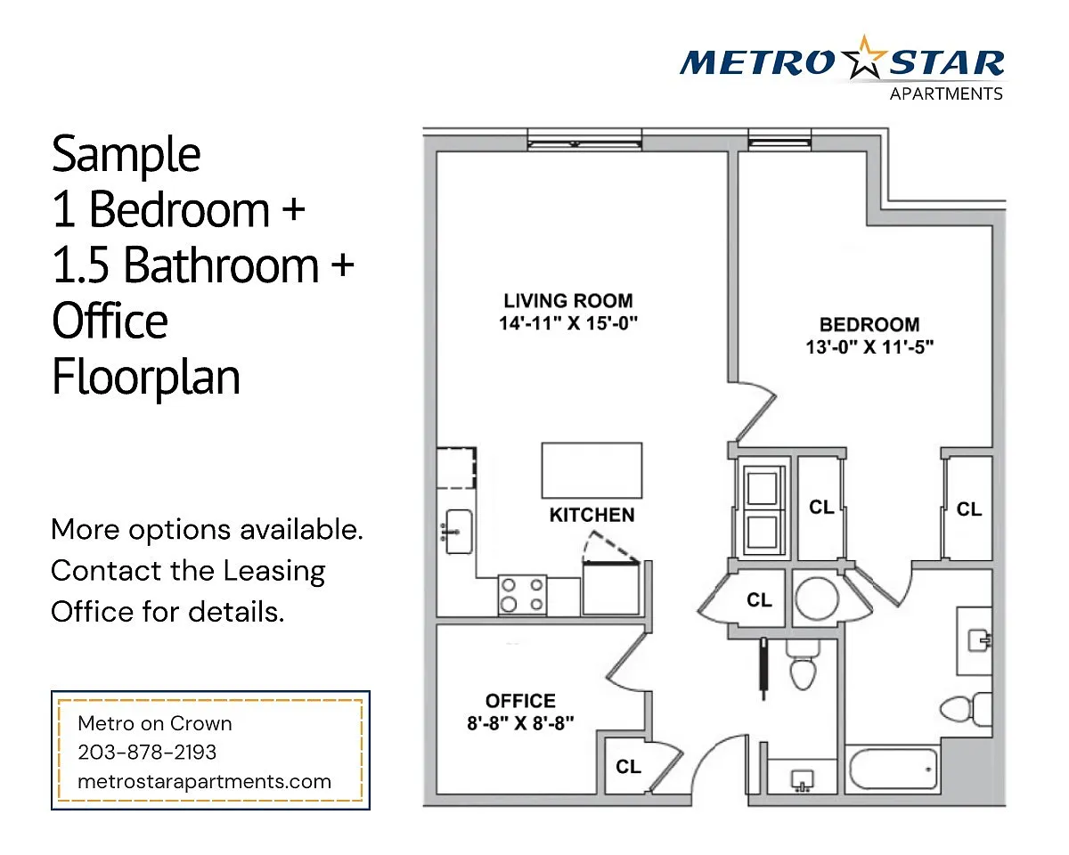 Floor plan One Bed 1.5 Bath Plus