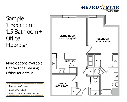 Floor plan One Bed 1.5 Bath Plus