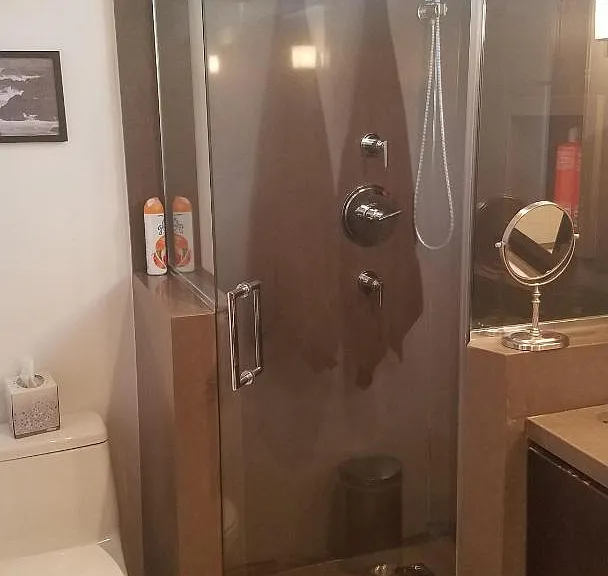 Modern bathroom with a walk-in shower and rainfall shower fixture.