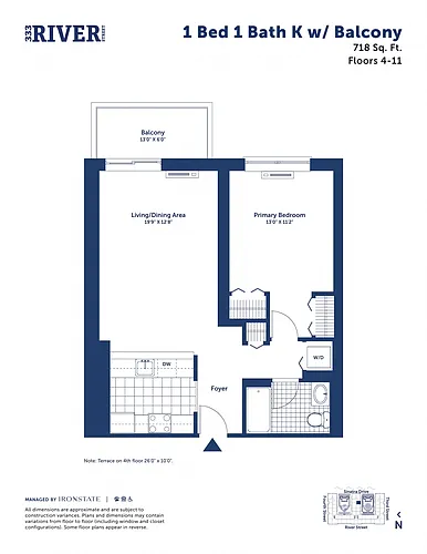 Floor plan 1 Bed 1 Bath K with Balcony